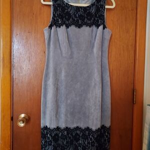 Calvin Klein Faux Suede Gray Dress with Black Lace Accents